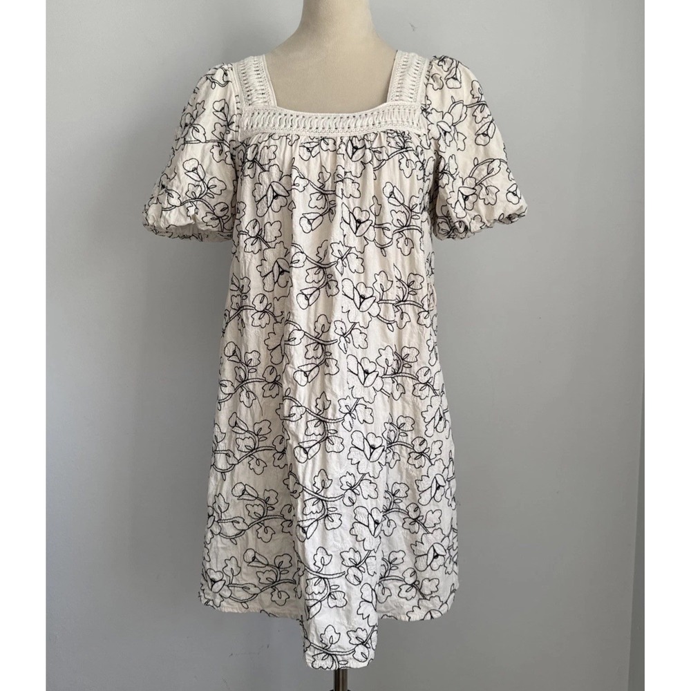 Kindred Women's M Milkmaid Puff Sleeve‎ Dress Ivory Black Embroidered Floral
